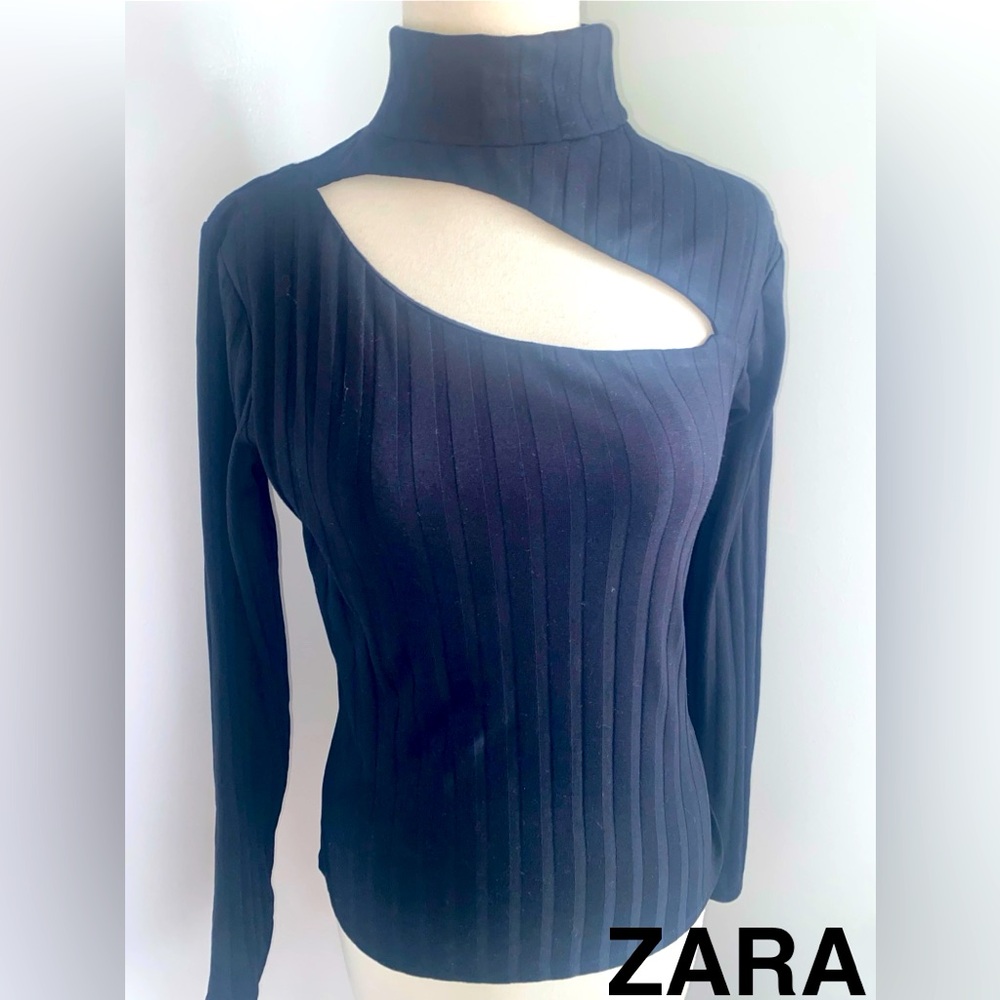 ZARA Black Ribbed Turtleneck Top with Asymmetric Cutout - Size L - EUC